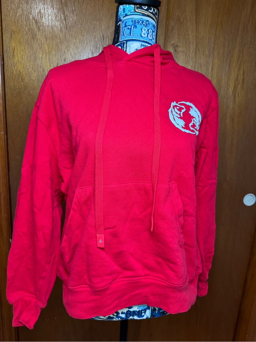 Red Hooded Women’s Large Sweatshirt with Small White Wolves Graphic